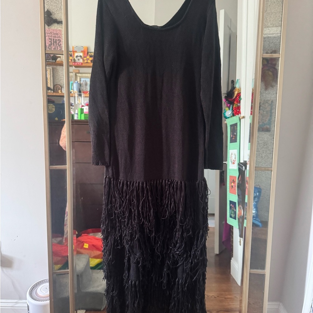 Eloquii Elegant Black Fringe Long Sleeve Dress